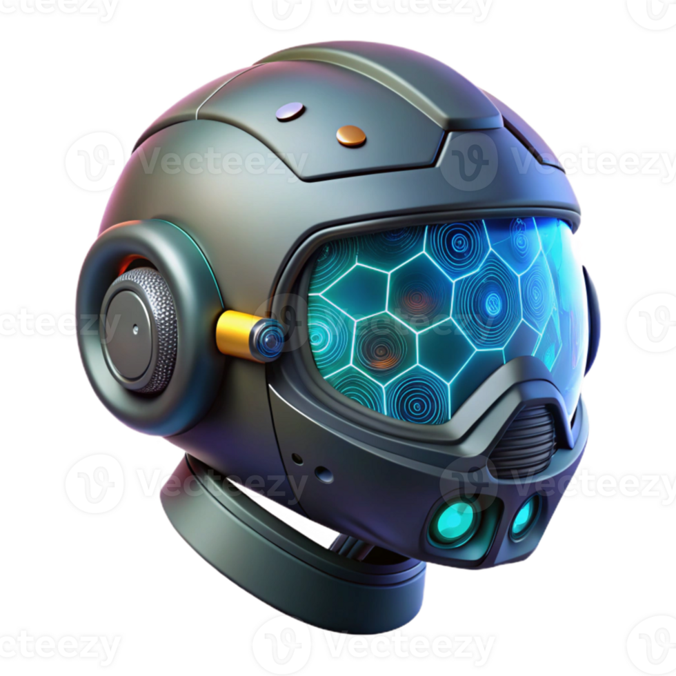 dramatic classic A futuristic helmet with a HUD interface displaying complex data streams, dark cyberpunk lighting, cinematic style professional png