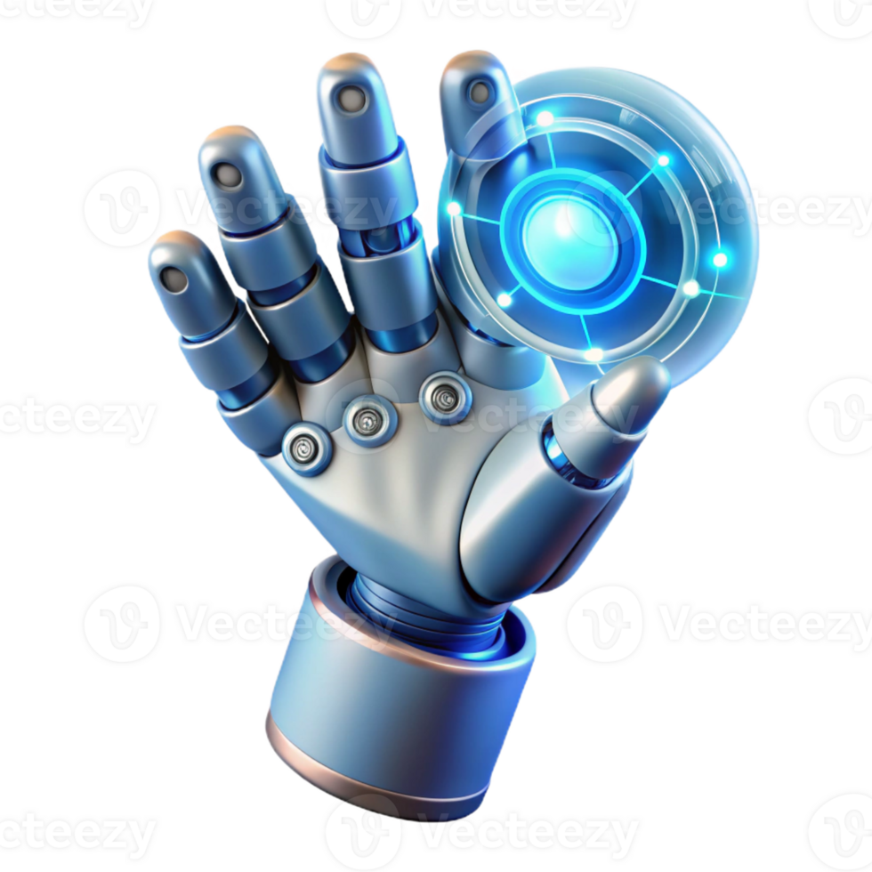 wonderful traditional A robotic hand reaching towards a holographic interface, intricate details on the hand's mechanics, soft, blue lighting, human-computer interaction style high quality png