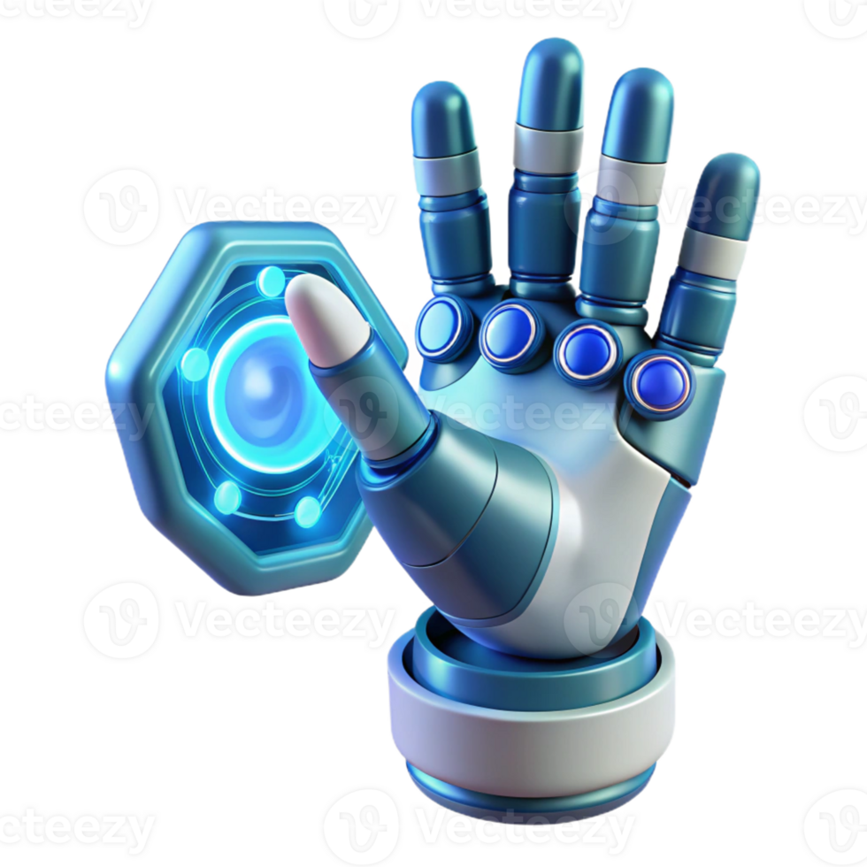 serene minimalist A robotic hand reaching towards a holographic interface, intricate details on the hand's mechanics, soft, blue lighting, human-computer interaction style exclusive png