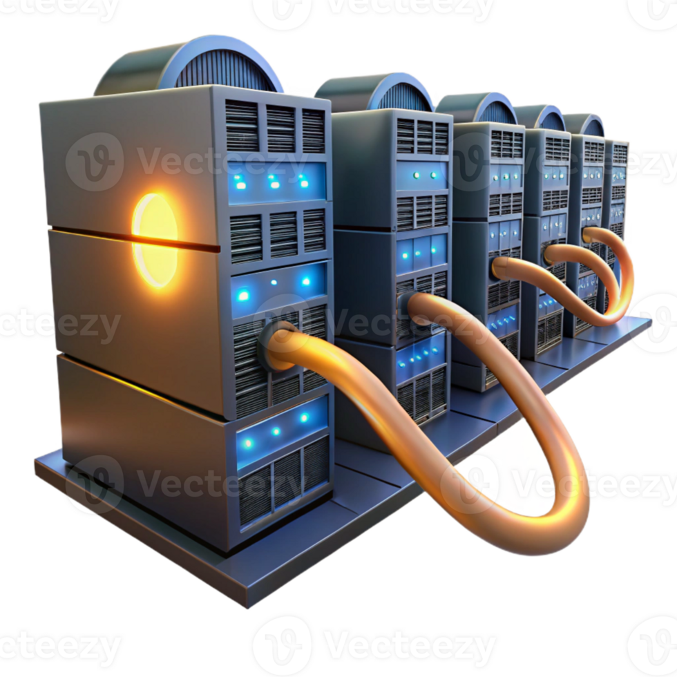dramatic creative A server farm stretching into infinity, glowing server racks and cables, low-key lighting, digital painting style high resolution png