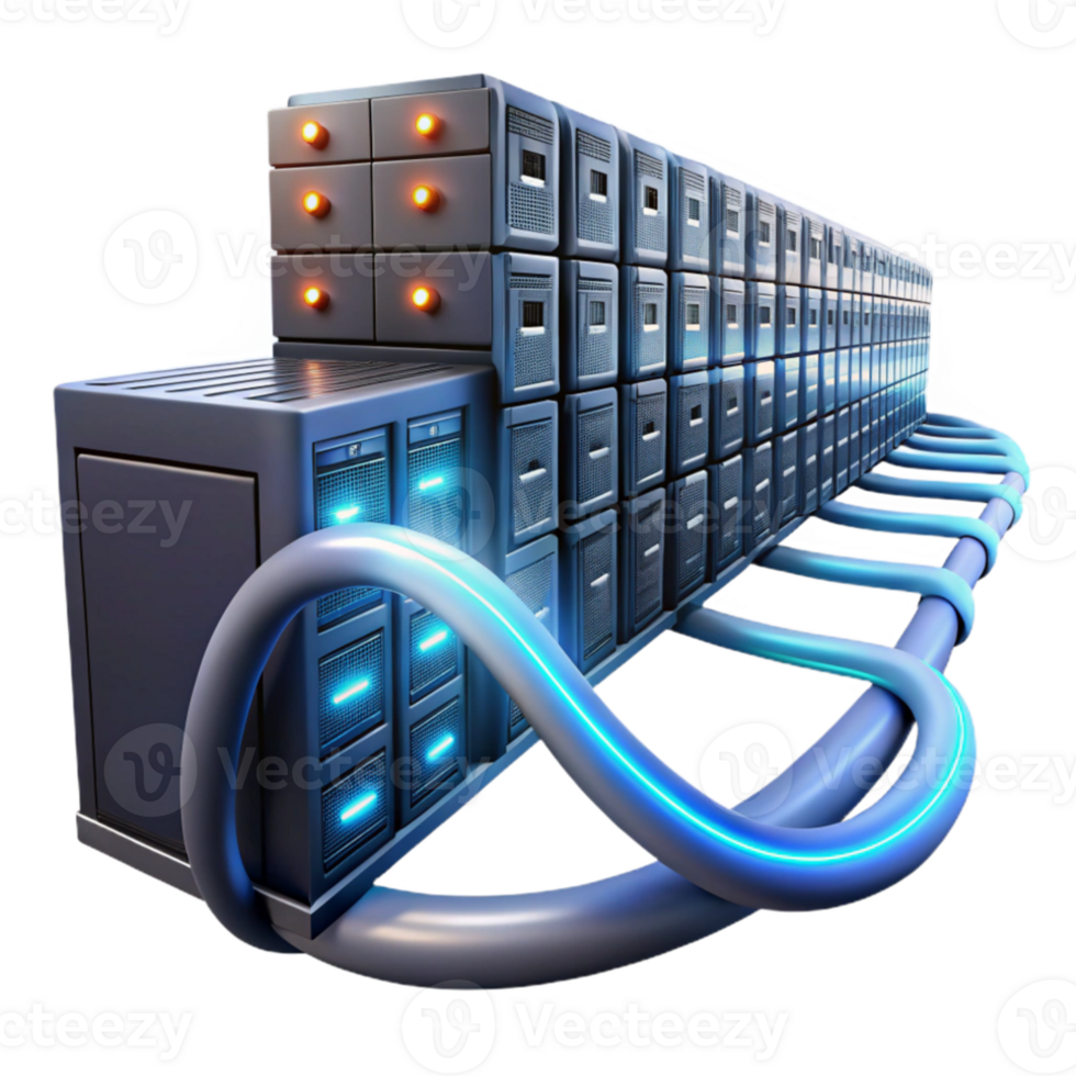 extraordinary creative A server farm stretching into infinity, glowing server racks and cables, low-key lighting, digital painting style high quality png