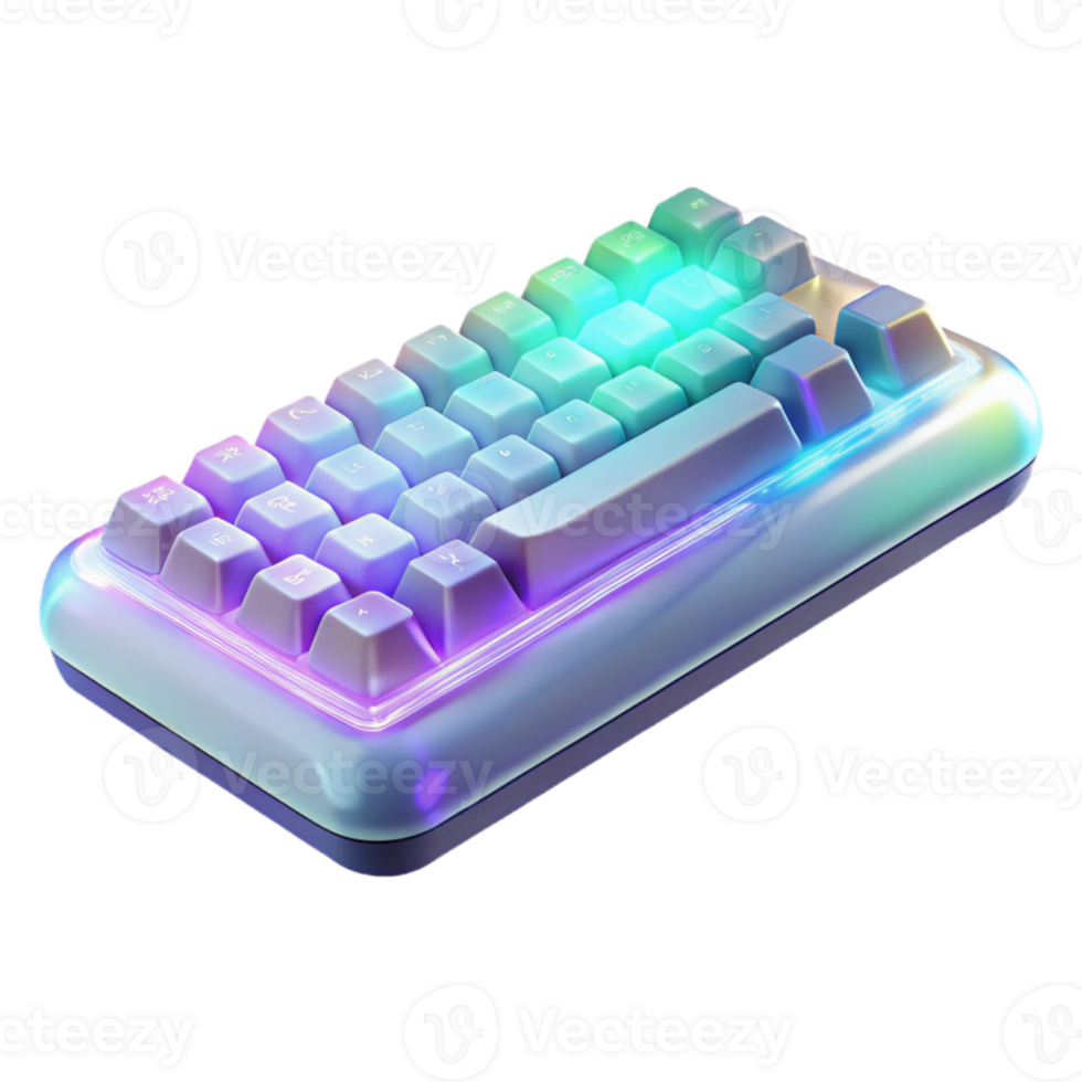 dramatic vintage A transparent, levitating keyboard with holographic keys, ambient lighting, minimalist product design style genuine png