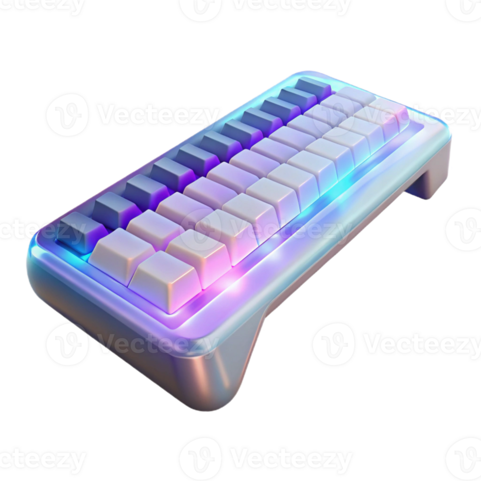 impressive vintage A transparent, levitating keyboard with holographic keys, ambient lighting, minimalist product design style high quality png