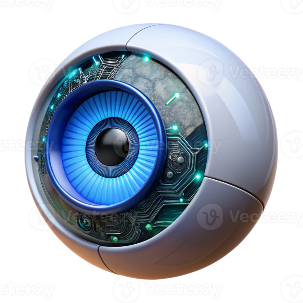 stunning abstract A bionic eye with intricate circuitry and a glowing iris, detailed textures and reflections, medical technology style premium png