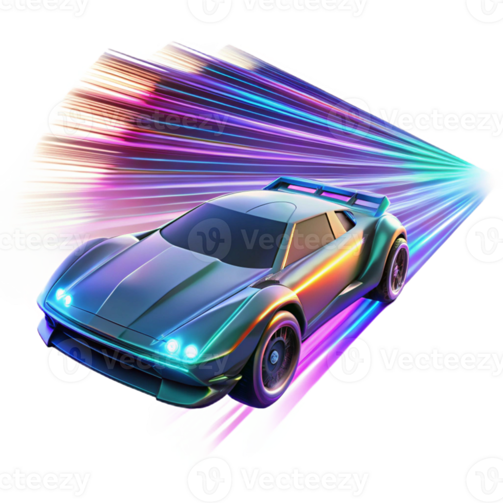 wonderful creative A futuristic vehicle speeding through a digital landscape, vibrant neon streaks of light, cyberpunk racing game style high quality png