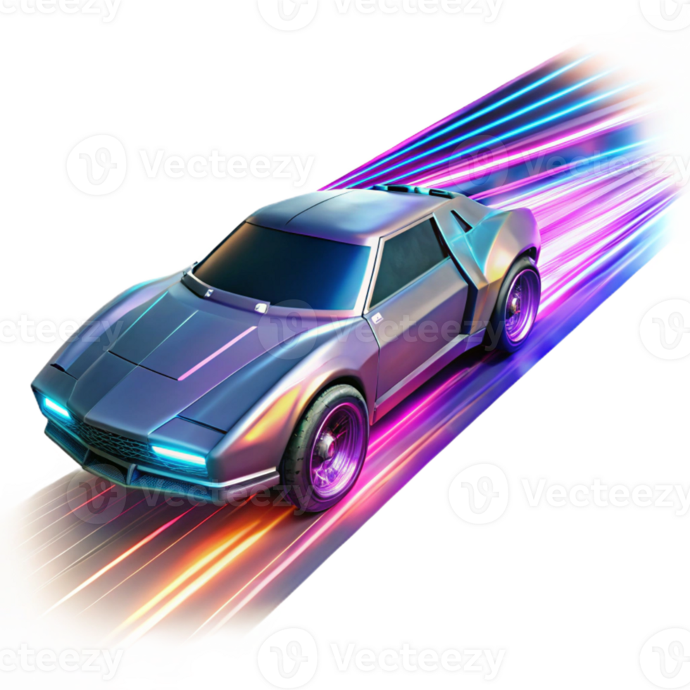 dramatic minimalist A futuristic vehicle speeding through a digital landscape, vibrant neon streaks of light, cyberpunk racing game style authentic png