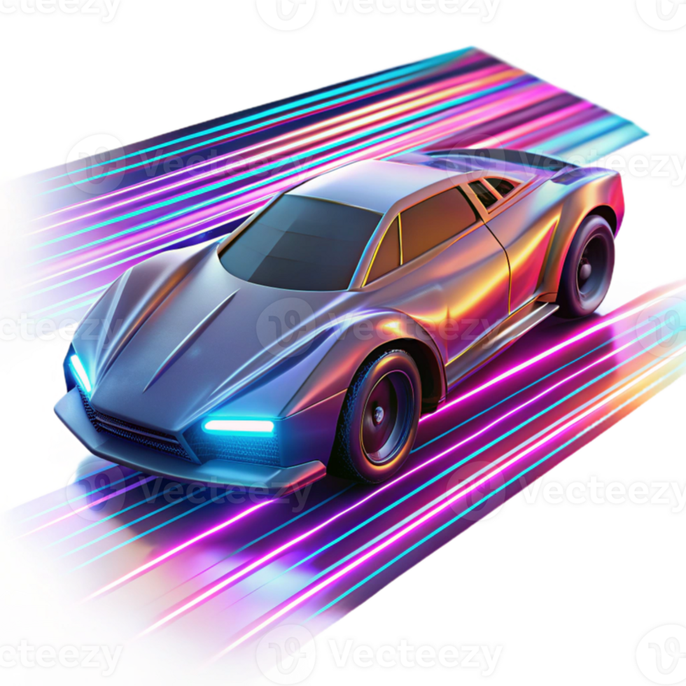 beautiful modern A futuristic vehicle speeding through a digital landscape, vibrant neon streaks of light, cyberpunk racing game style high quality png