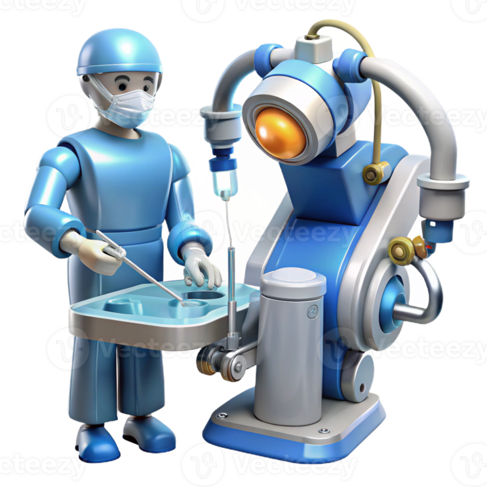 magnificent classic A robotic surgeon performing a complex operation, intricate details on the robot's arms and tools, bright, sterile lighting, medical robotics style high quality png