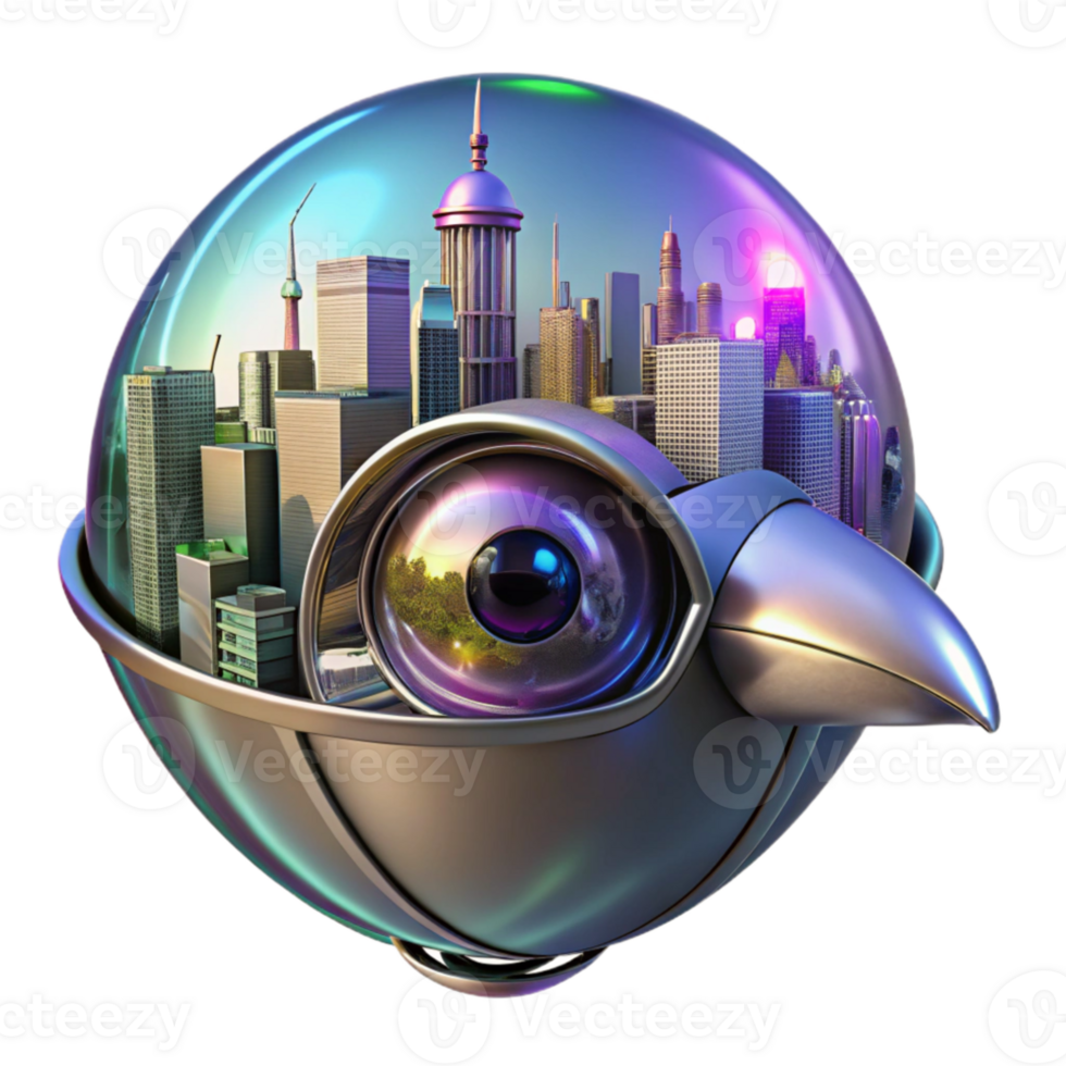 stunning artistic A futuristic cityscape reflected in a chrome robotic bird's eye, neon city lights, cyberpunk style professional png