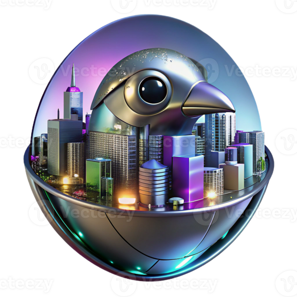wonderful classic A futuristic cityscape reflected in a chrome robotic bird's eye, neon city lights, cyberpunk style genuine png