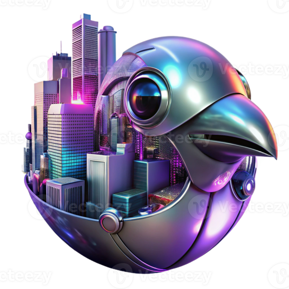 elegant creative A futuristic cityscape reflected in a chrome robotic bird's eye, neon city lights, cyberpunk style genuine png