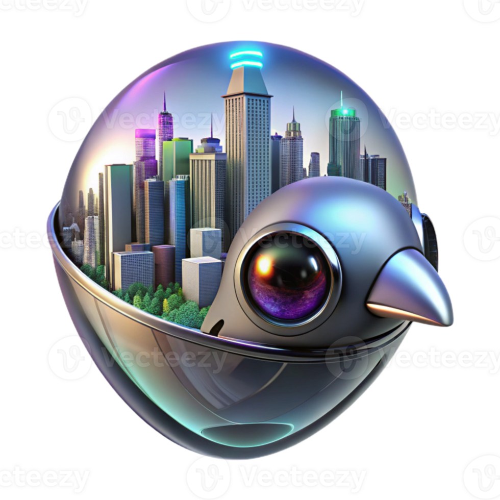 elegant abstract A futuristic cityscape reflected in a chrome robotic bird's eye, neon city lights, cyberpunk style genuine png