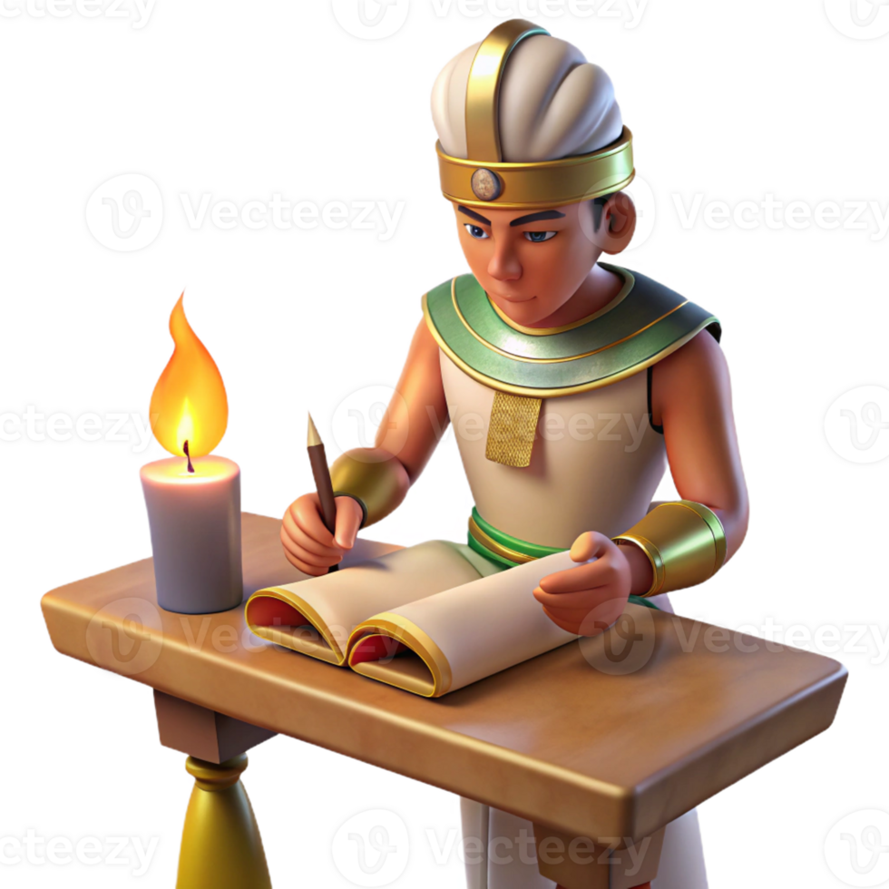 vibrant traditional An Egyptian scribe meticulously paints hieroglyphs onto a papyrus scroll, lit by the flickering flame of an oil lamp. Ancient Egyptian art style, vibrant colors high quality png