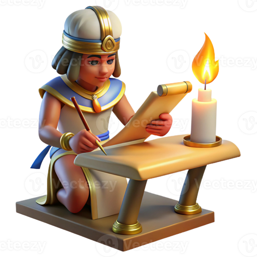 elegant rustic An Egyptian scribe meticulously paints hieroglyphs onto a papyrus scroll, lit by the flickering flame of an oil lamp. Ancient Egyptian art style, vibrant colors high resolution png