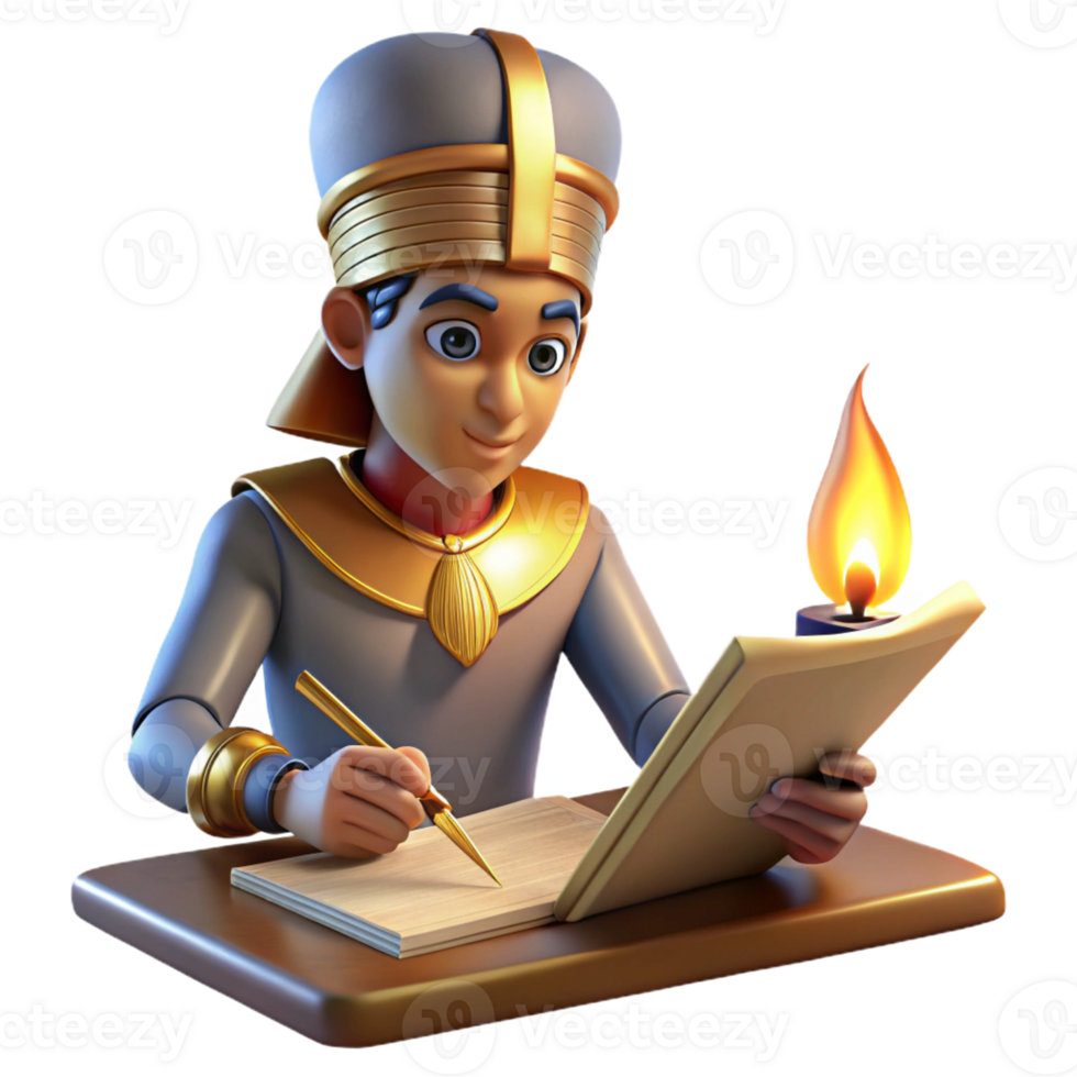 dramatic modern An Egyptian scribe meticulously paints hieroglyphs onto a papyrus scroll, lit by the flickering flame of an oil lamp. Ancient Egyptian art style, vibrant colors genuine png