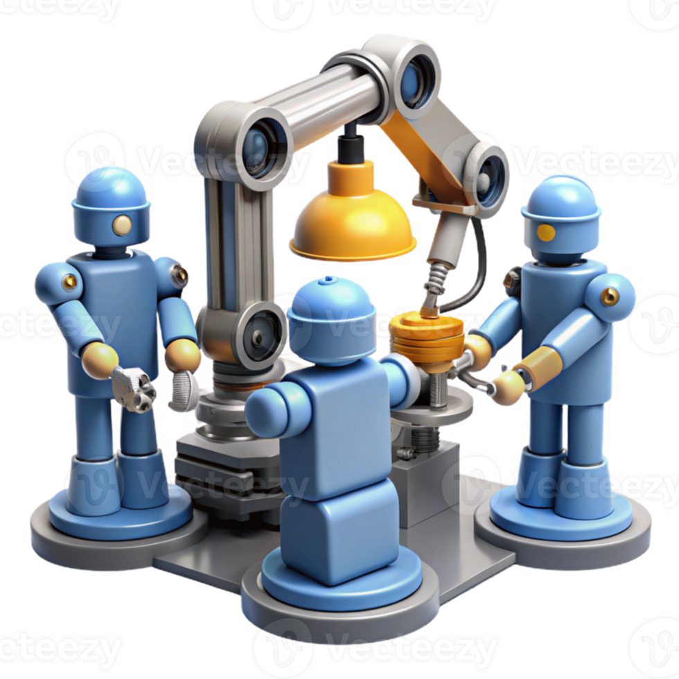 stunning contemporary A group of robots collaborating on a complex engineering project, industrial lighting, realistic rendering original png