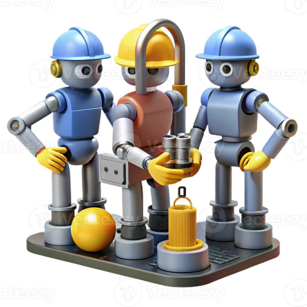 wonderful artistic A group of robots collaborating on a complex engineering project, industrial lighting, realistic rendering authentic png
