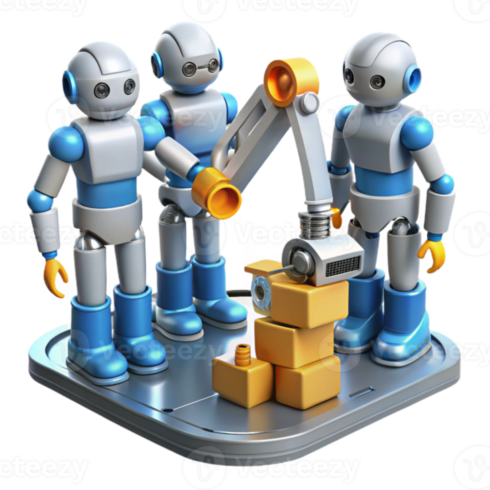 extraordinary classic A group of robots collaborating on a complex engineering project, industrial lighting, realistic rendering original png