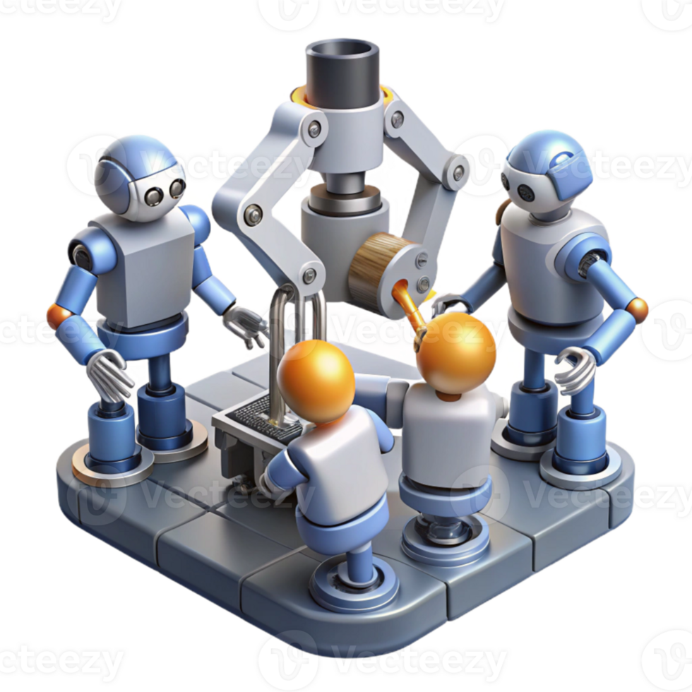 vibrant modern A group of robots collaborating on a complex engineering project, industrial lighting, realistic rendering genuine png