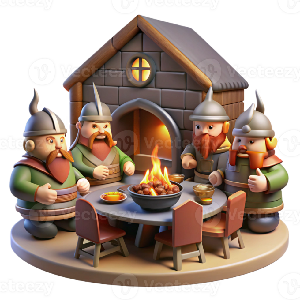 elegant creative A group of Viking warriors feasts in a grand mead hall, lit by the roaring fire in the hearth. Dramatic lighting, Norse art style authentic png