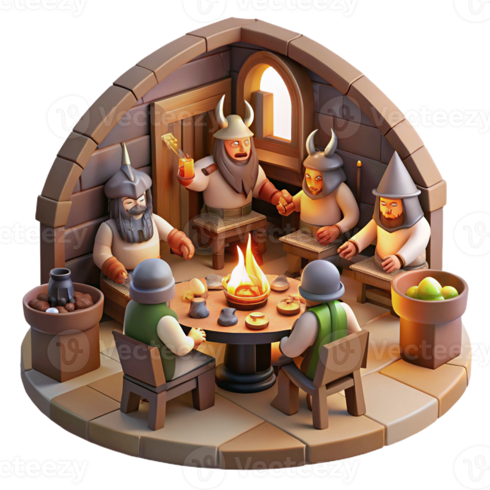dramatic creative A group of Viking warriors feasts in a grand mead hall, lit by the roaring fire in the hearth. Dramatic lighting, Norse art style premium png