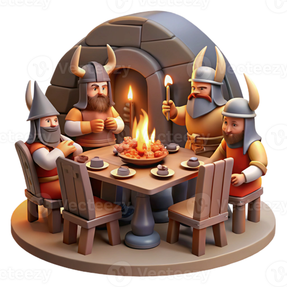 elegant contemporary A group of Viking warriors feasts in a grand mead hall, lit by the roaring fire in the hearth. Dramatic lighting, Norse art style authentic png