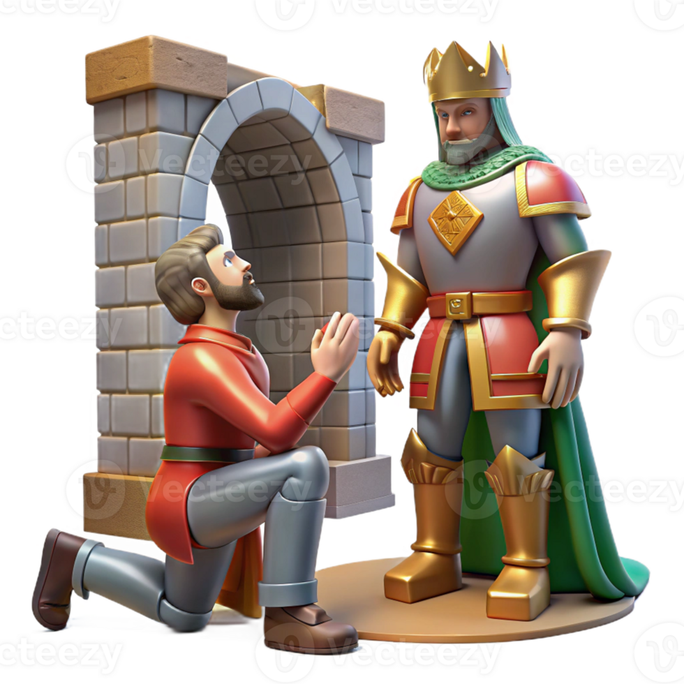 wonderful minimalist A medieval knight kneels before a king in a castle courtyard, lit by the bright midday sun. Realistic, detailed armor and clothing detailed png