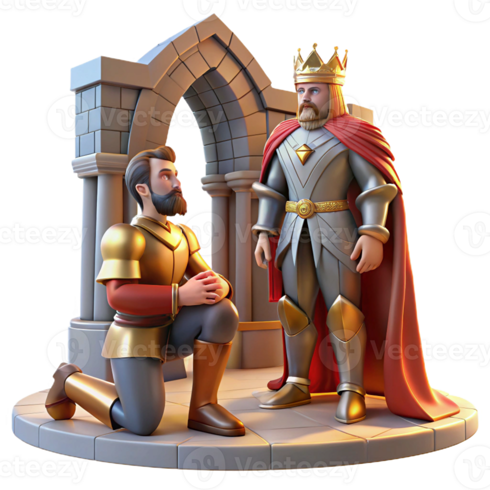 wonderful modern A medieval knight kneels before a king in a castle courtyard, lit by the bright midday sun. Realistic, detailed armor and clothing detailed png