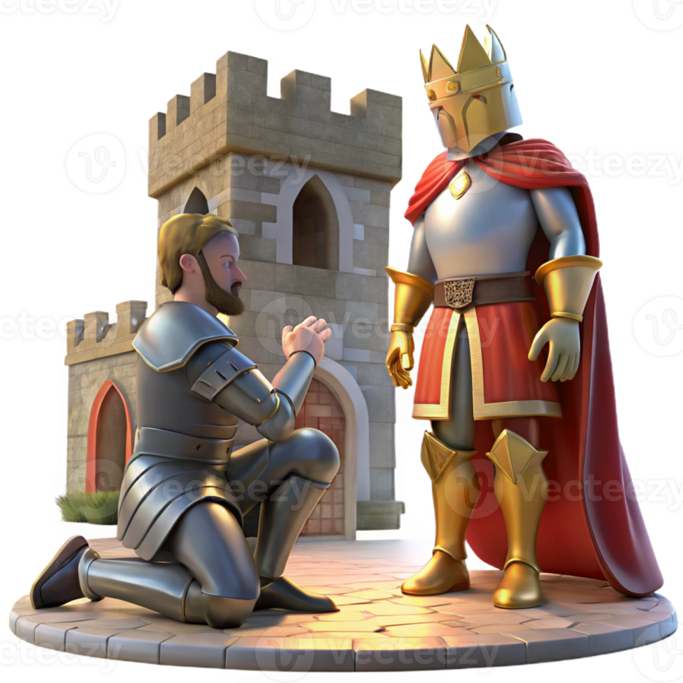 serene creative A medieval knight kneels before a king in a castle courtyard, lit by the bright midday sun. Realistic, detailed armor and clothing high resolution png