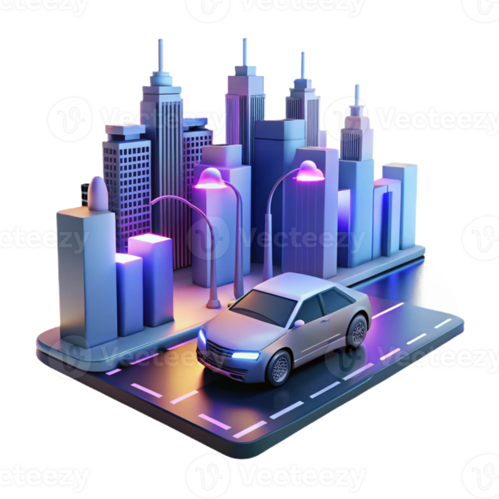 elegant minimalist A self-driving car navigating a futuristic cityscape, neon streetlights, photorealistic style premium png