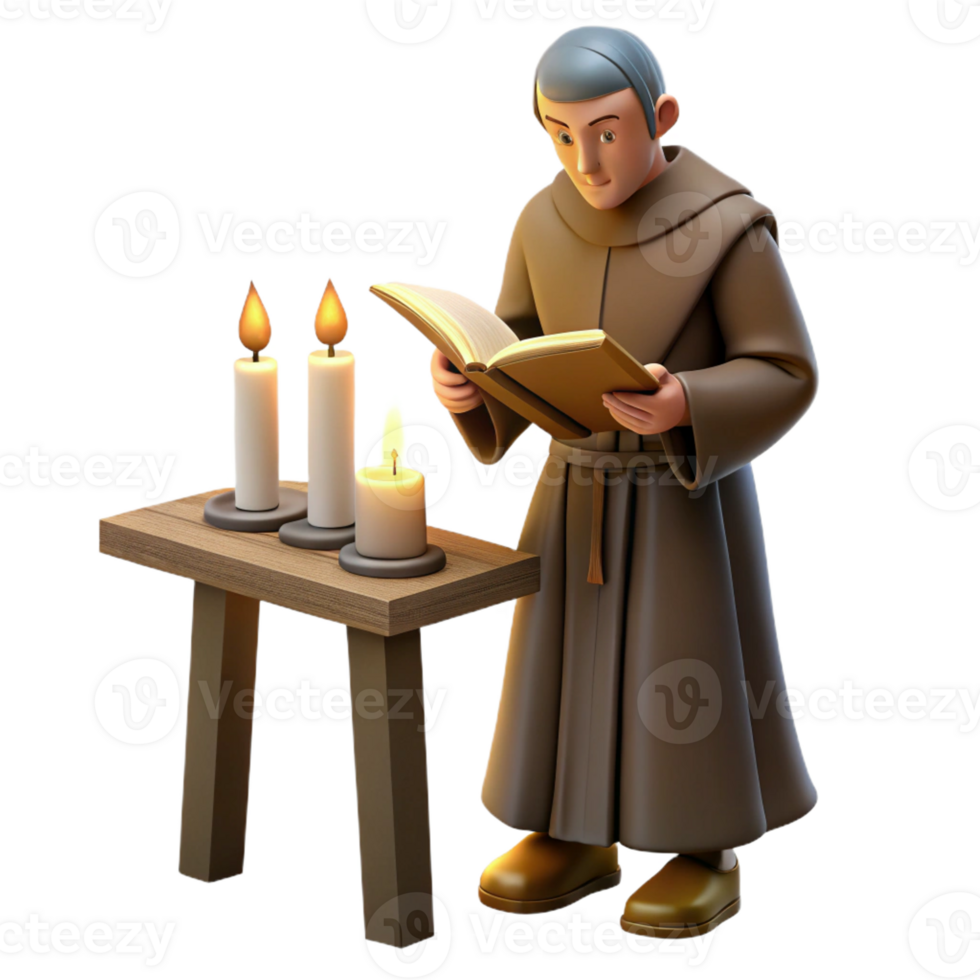 elegant traditional A monk illuminates a manuscript in a medieval monastery, lit by a single candle. Chiaroscuro lighting, realistic style original png