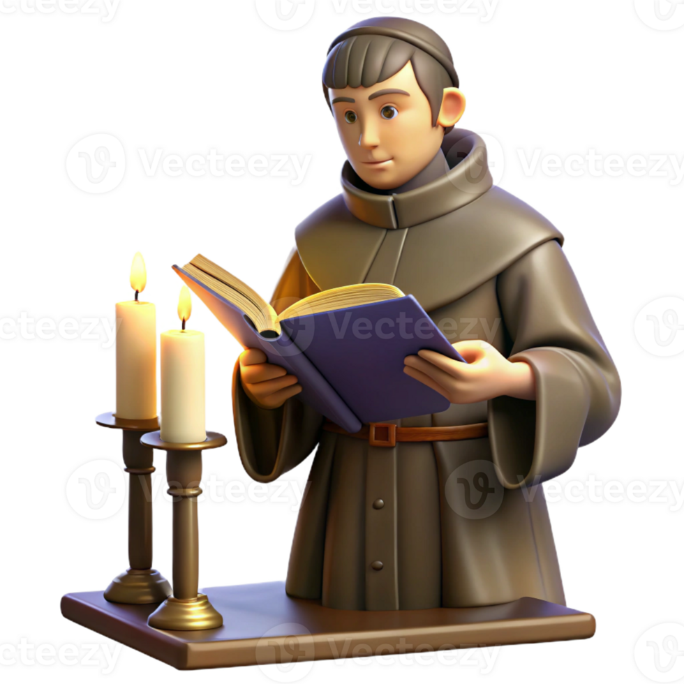 extraordinary vintage A monk illuminates a manuscript in a medieval monastery, lit by a single candle. Chiaroscuro lighting, realistic style original png