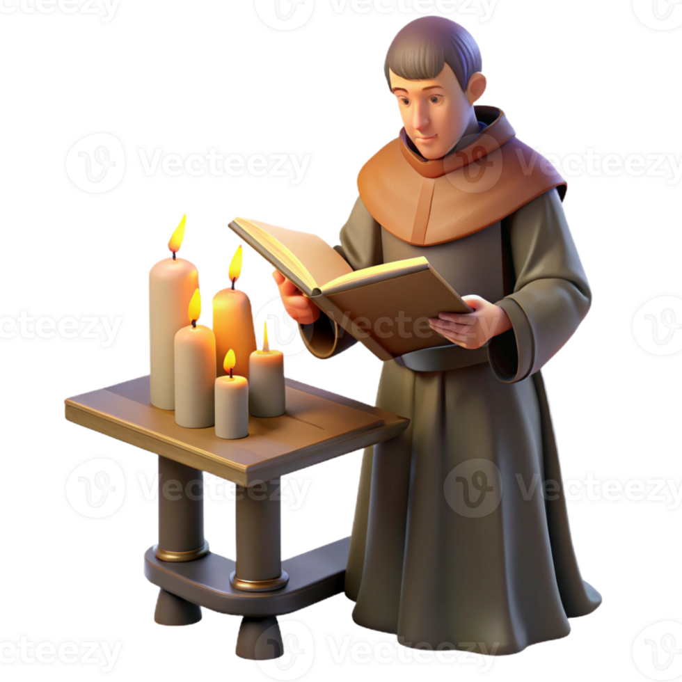 extraordinary abstract A monk illuminates a manuscript in a medieval monastery, lit by a single candle. Chiaroscuro lighting, realistic style exclusive png