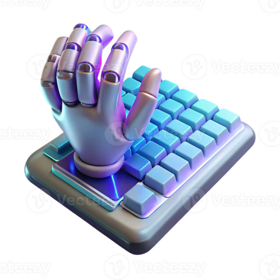 vibrant creative A bionic hand typing on a holographic keyboard, ambient lighting, cyberpunk style authentic png