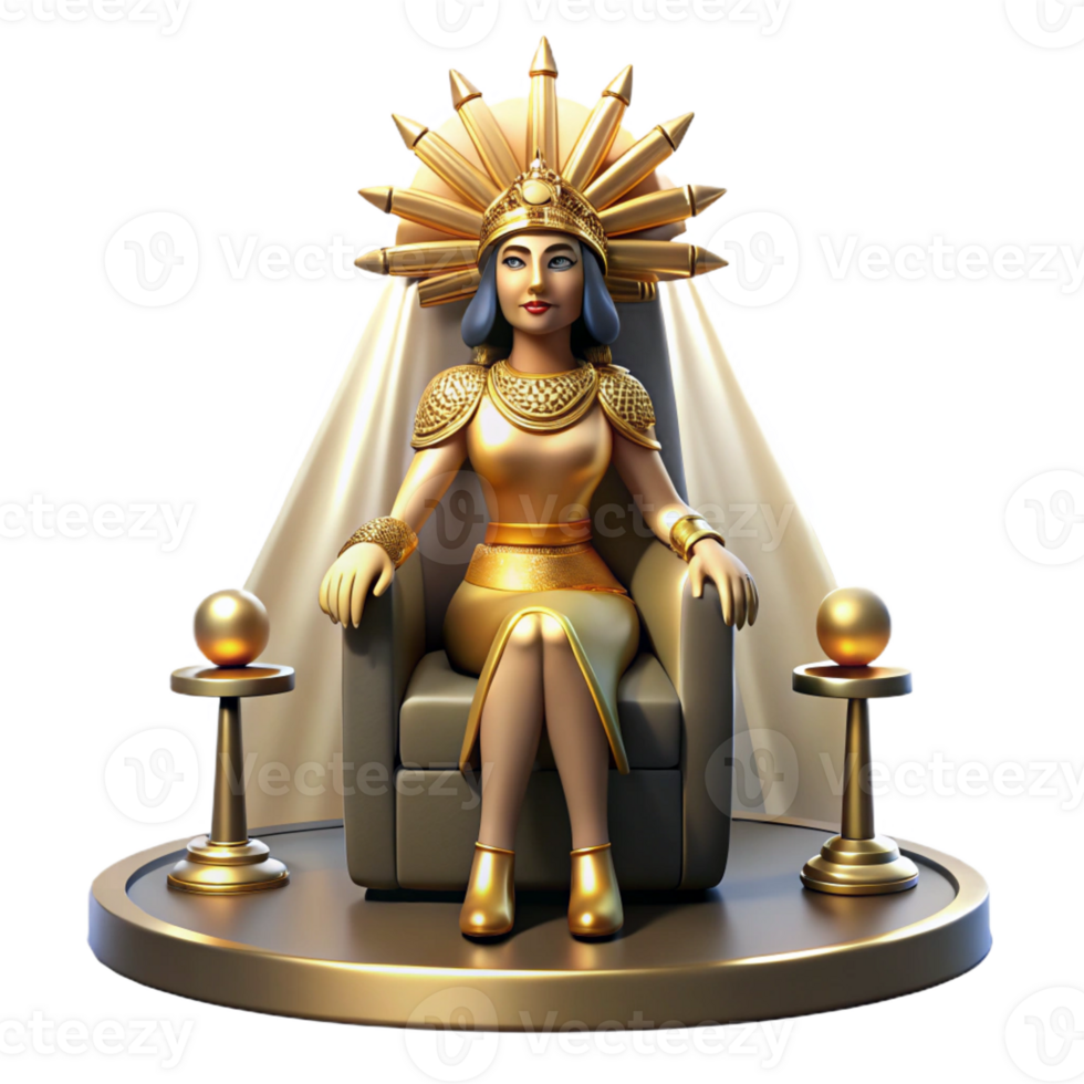 wonderful traditional Cleopatra on her throne, adorned in gold jewelry and elaborate headdress, lit by dramatic spotlights. Art Deco style detailed png