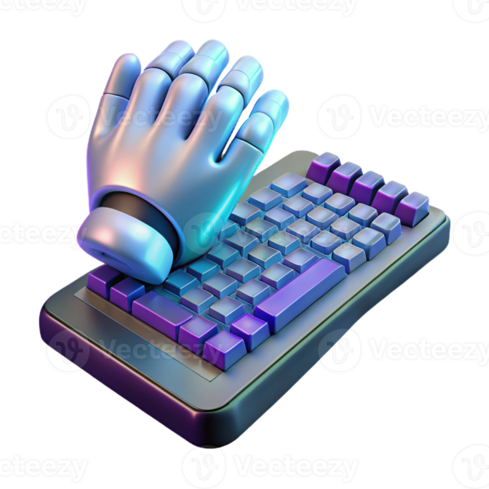 beautiful minimalist A bionic hand typing on a holographic keyboard, ambient lighting, cyberpunk style high quality png