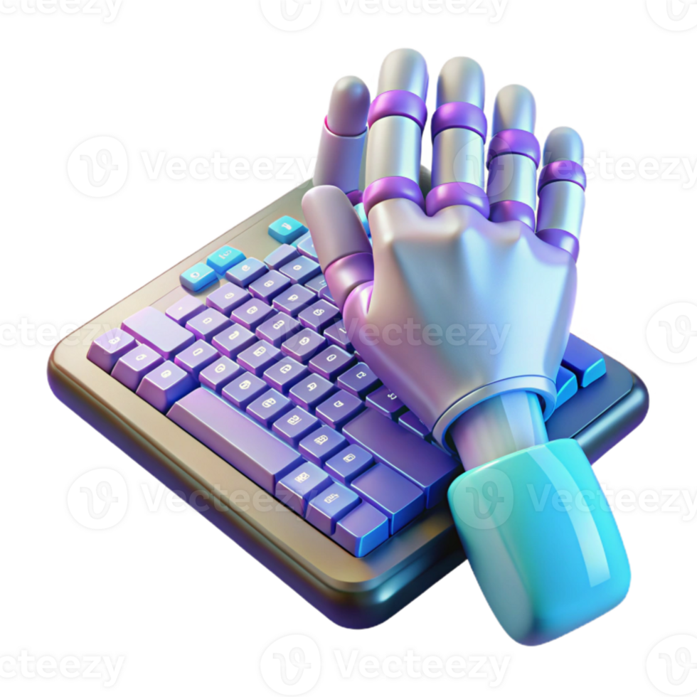 serene creative A bionic hand typing on a holographic keyboard, ambient lighting, cyberpunk style authentic png