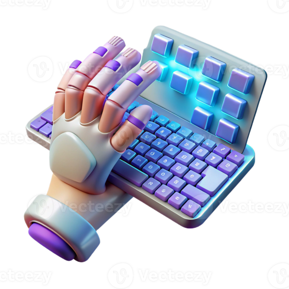 impressive minimalist A bionic hand typing on a holographic keyboard, ambient lighting, cyberpunk style 4K png