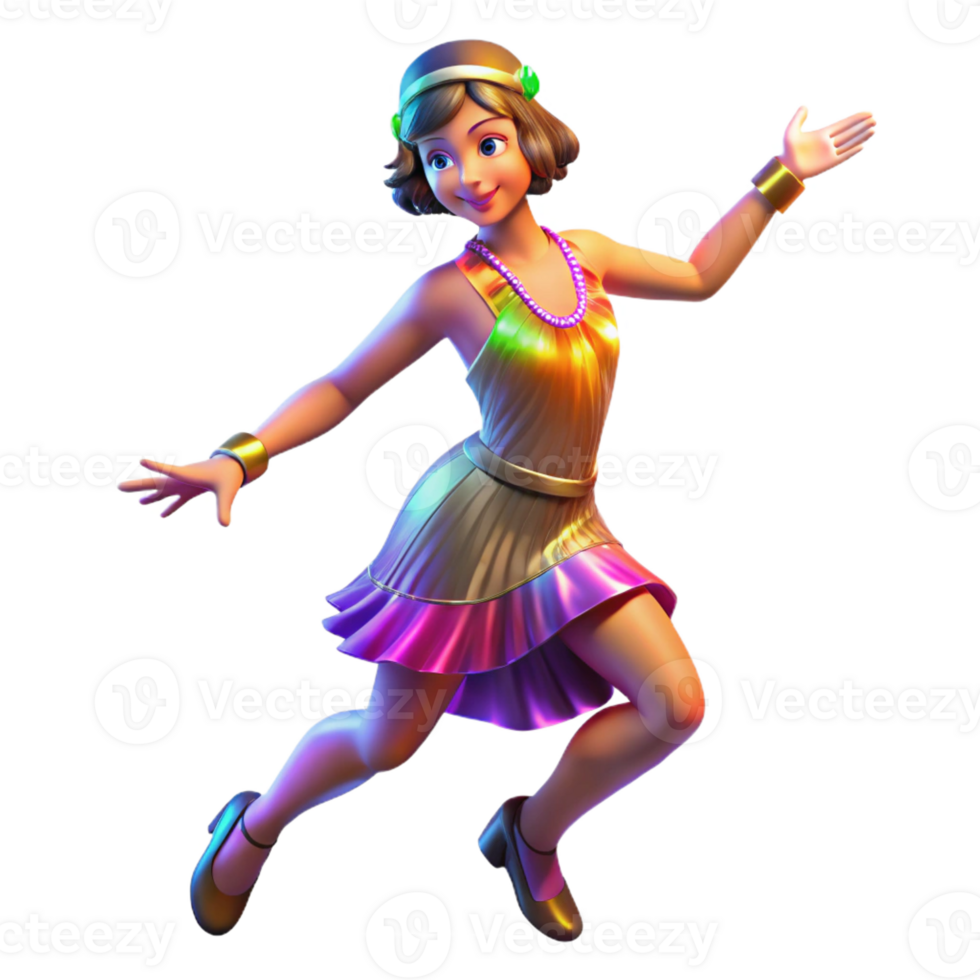 elegant artistic A 1920s flapper dancing the Charleston, illuminated by the colorful lights of a jazz club. Art Deco style, vibrant colors original png
