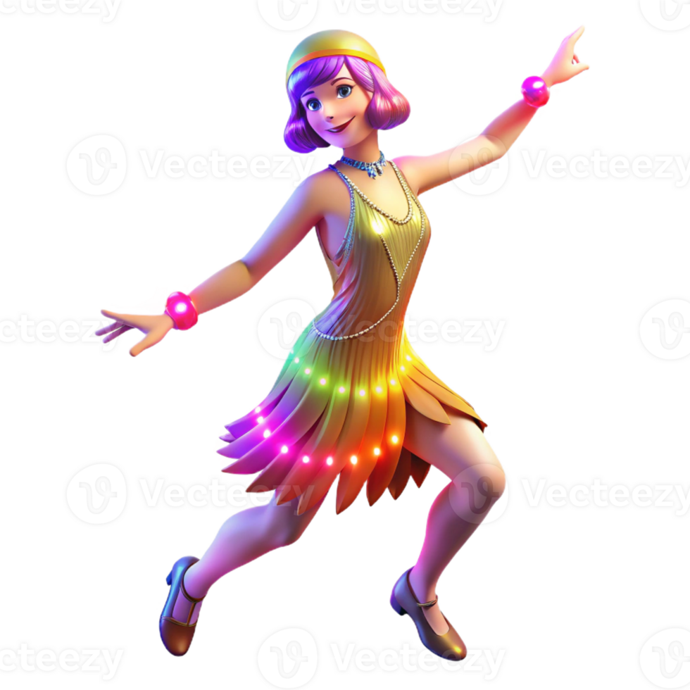 stunning minimalist A 1920s flapper dancing the Charleston, illuminated by the colorful lights of a jazz club. Art Deco style, vibrant colors authentic png