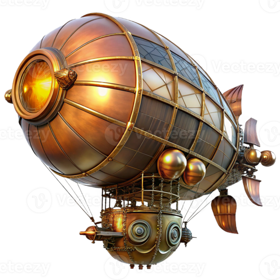 magnificent vintage A majestic steampunk airship, copper and brass, intricate gearwork visible, illuminated by a warm, setting sun, highly detailed, cinematic lighting high quality png