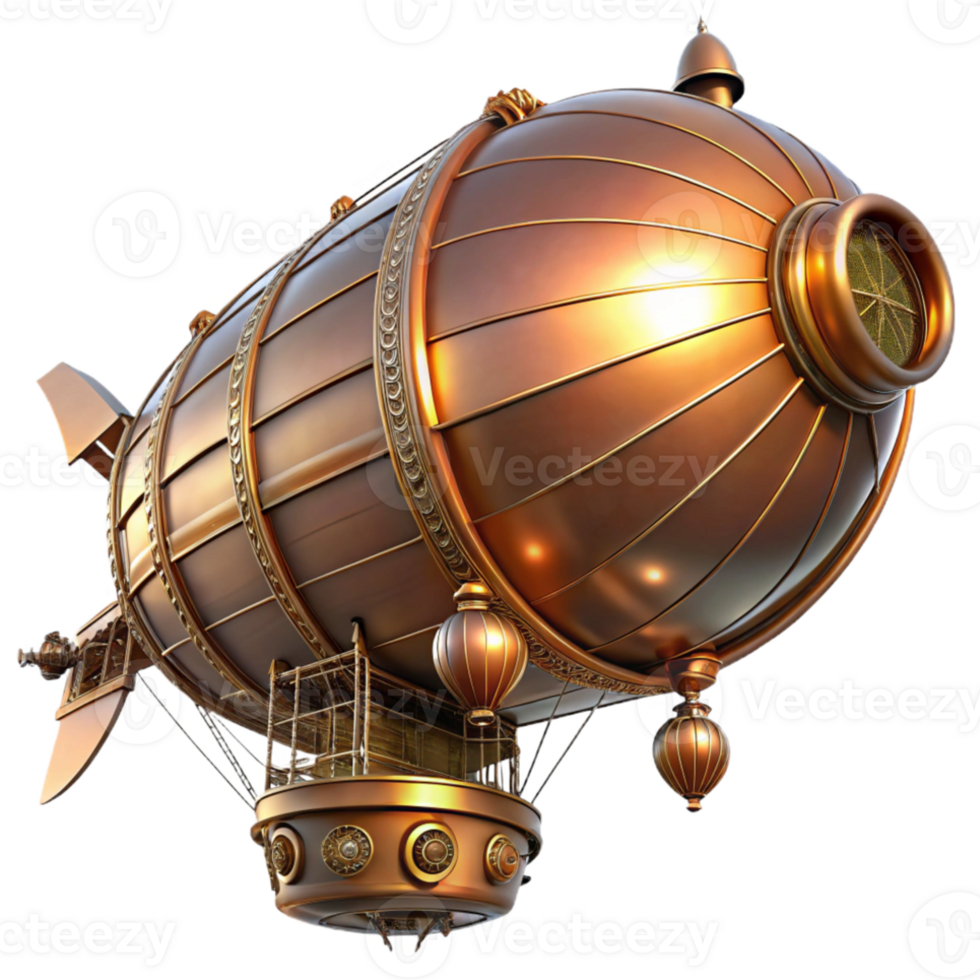 serene creative A majestic steampunk airship, copper and brass, intricate gearwork visible, illuminated by a warm, setting sun, highly detailed, cinematic lighting premium png