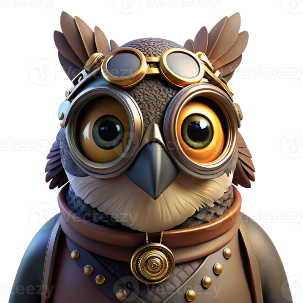 extraordinary creative A close-up portrait of a steampunk owl, goggles and intricate clockwork mechanisms integrated into its feathers, dramatic chiaroscuro lighting professional png