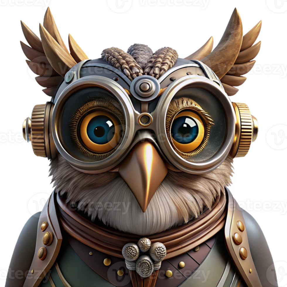 magnificent minimalist A close-up portrait of a steampunk owl, goggles and intricate clockwork mechanisms integrated into its feathers, dramatic chiaroscuro lighting genuine png