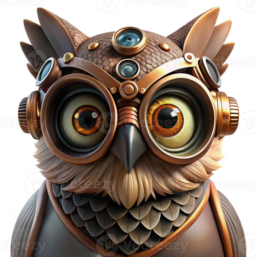 dramatic traditional A close-up portrait of a steampunk owl, goggles and intricate clockwork mechanisms integrated into its feathers, dramatic chiaroscuro lighting detailed png