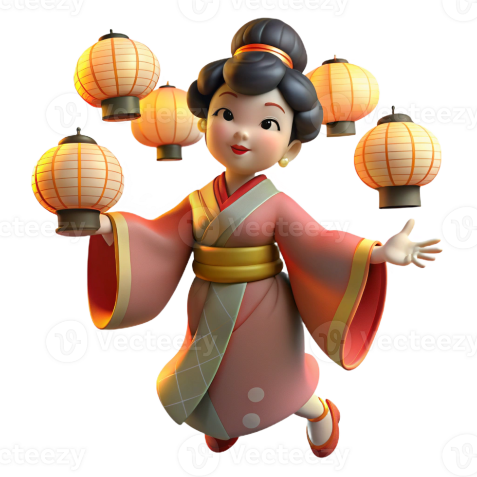 dramatic traditional A geisha performing a traditional dance, illuminated by paper lanterns. Ukiyo-e style, delicate lines and colors 4K png