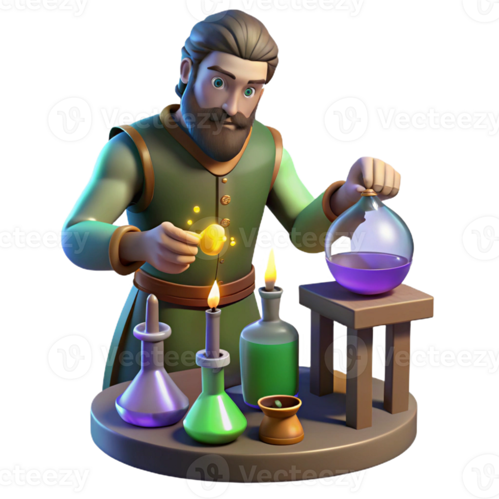 magnificent abstract A medieval alchemist mixing potions in his laboratory, lit by the glow of his equipment. Mystical, fantasy art style high quality png