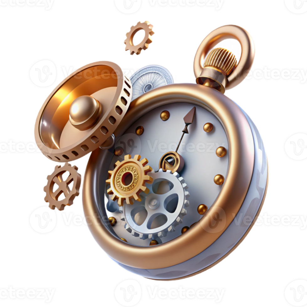 dramatic minimalist A complex steampunk pocket watch, gears and springs exposed, floating in mid-air, ethereal, soft lighting high resolution png