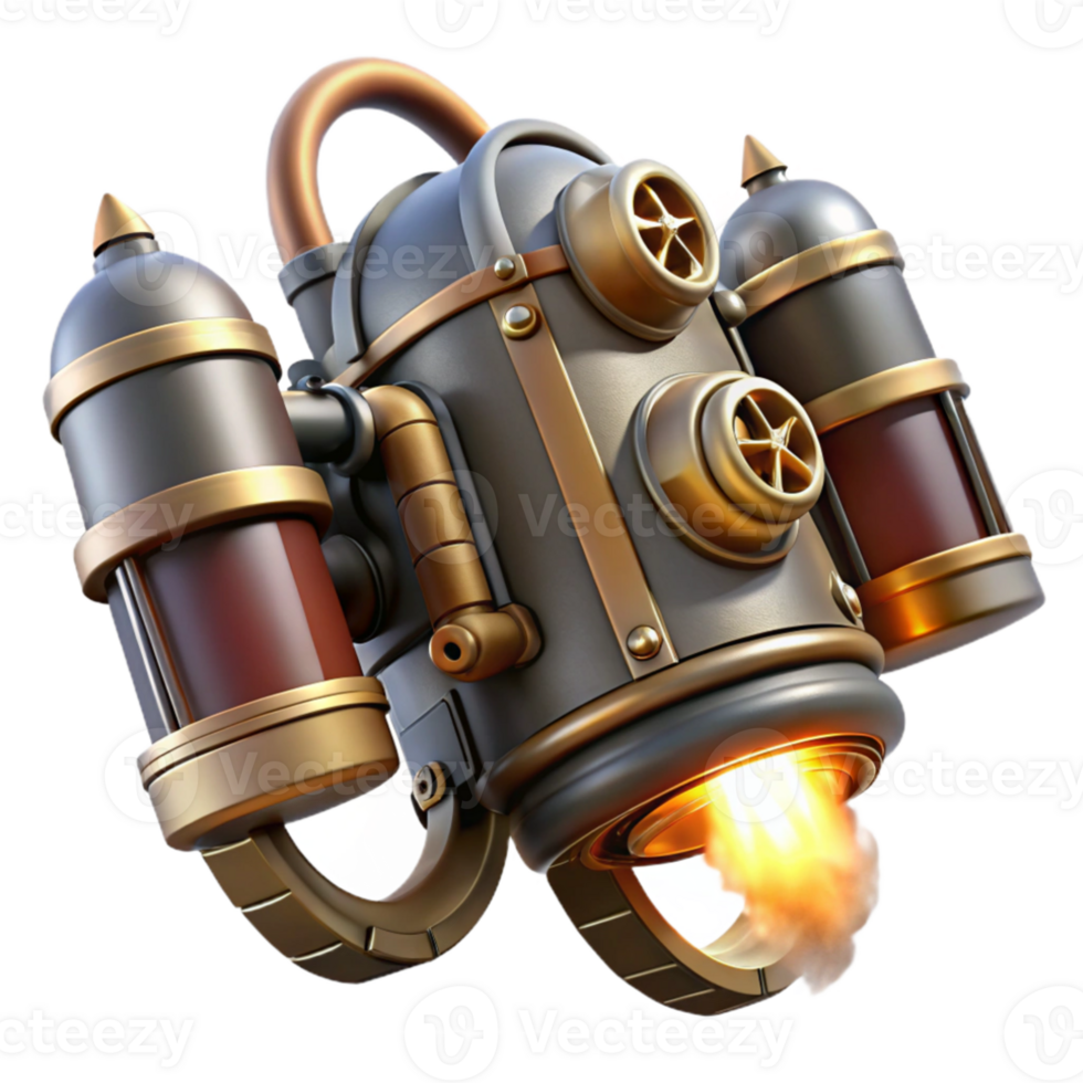 impressive modern A detailed illustration of a steampunk jetpack, brass nozzles emitting steam, dramatic, backlighting exclusive png