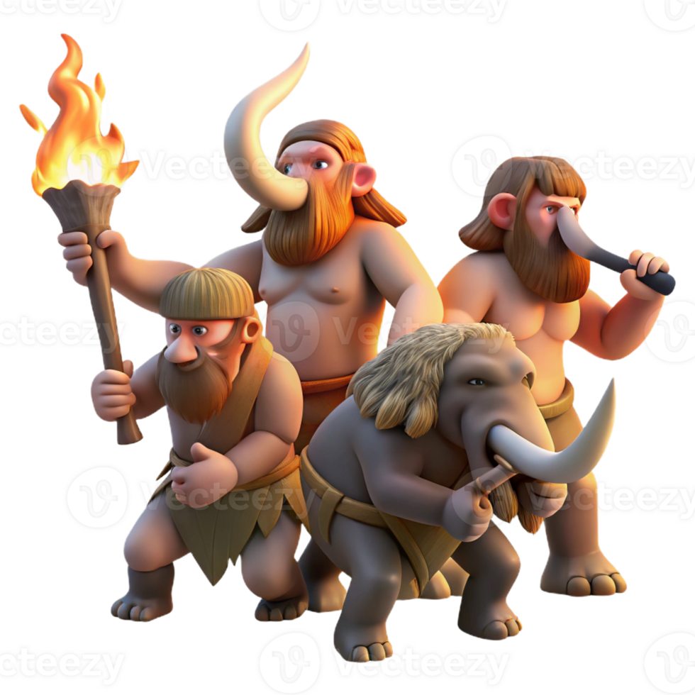 magnificent creative A group of cavemen hunting a woolly mammoth, lit by the flickering flames of torches. Prehistoric art style, dynamic action 4K png